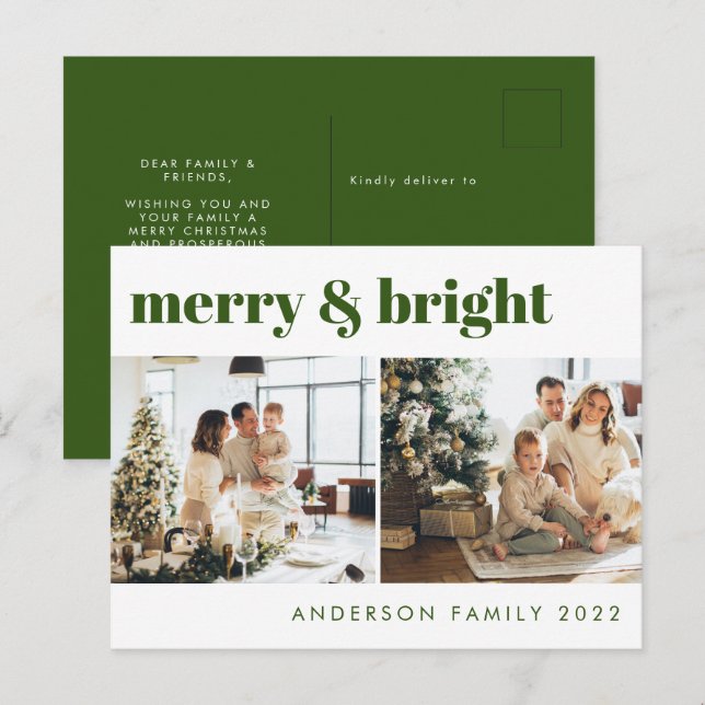 Merry & Bright Minimalistisch Green Christmas Postkarte (Vorne/Hinten)