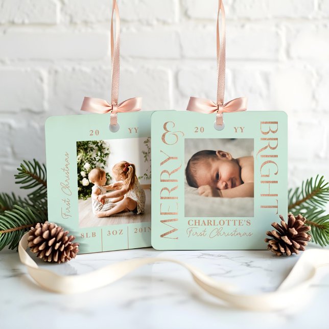 Merry & Bright Mint Baby First Christmas Fotos Ornament Aus Metall (Merry & Bright Mint Baby First Christmas Photos Metal Ornament)