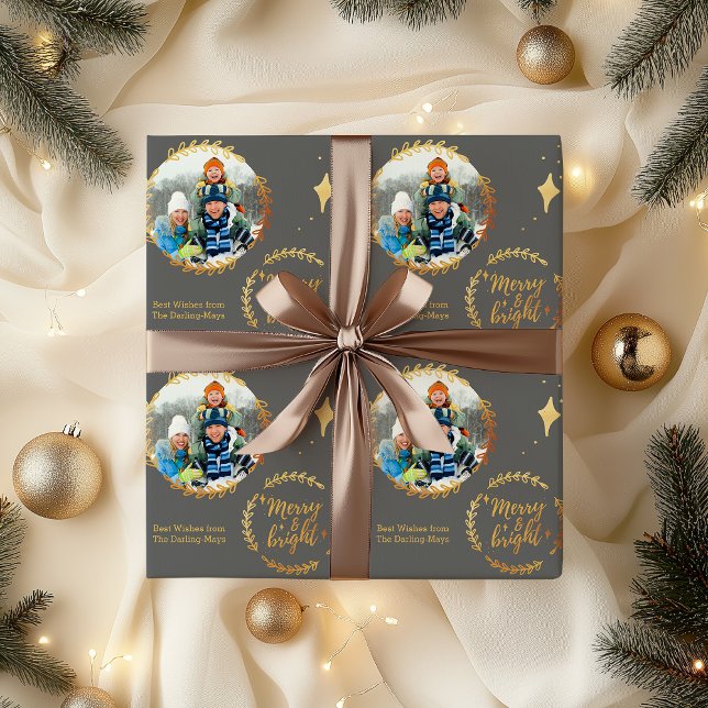 Merry & Bright mit Custom Foto - Gold und Grau Geschenkpapier (Photo christmas wrapping paper - Merry & Bright)