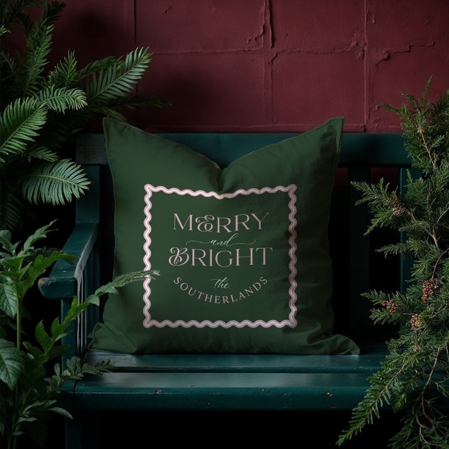 Merry & Bright Modern Green Pink Retro Wavy Foto Kissen (Merry & Bright Modern Green Pink Retro Wavy Photo Throw Pillow)