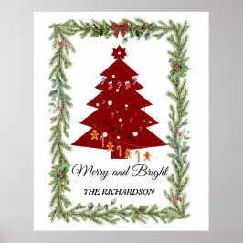 Merry & Bright Modern Red Christmas Tree & Script Poster