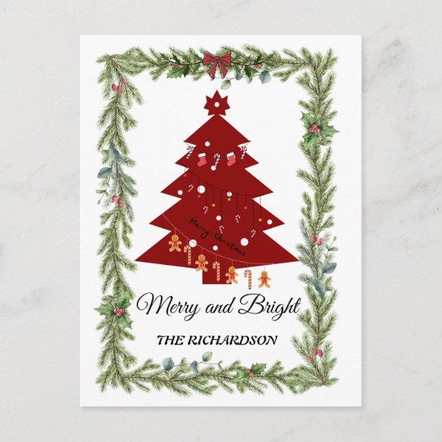 Merry & Bright Modern Red Christmas Tree & Script  Postkarte (Vorderseite)