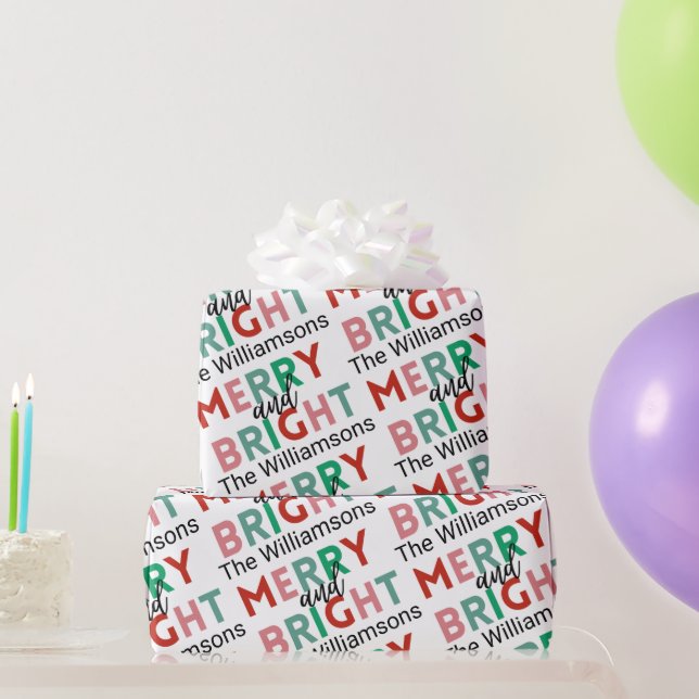 Merry & Bright Modern Simple Name Repetier Muster Geschenkpapier (Partygeschenke)