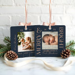 Merry & Bright Navy Baby First Christmas Fotos Ornament Aus Metall<br><div class="desc">Feiern Sie mit dem Merry & Bright Pink Baby First Christmas Zwei-Foto-Ornament aus Moodthology Papery das erste Weihnachtsfest Ihres Babys. Dieses atemberaubende Ornament zeigt den Zauber dieses Meilensteins mit einer Kombination aus stilvollem Design und herzlicher Personalisierung. Auf der Vorderseite steht die fröhliche Botschaft "Merry & Bright" in fett gedruckter, moderner...</div>