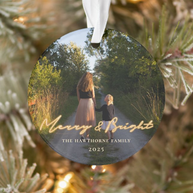 Merry & Bright Neon Lettering Foto Holiday Ornament (Baum)