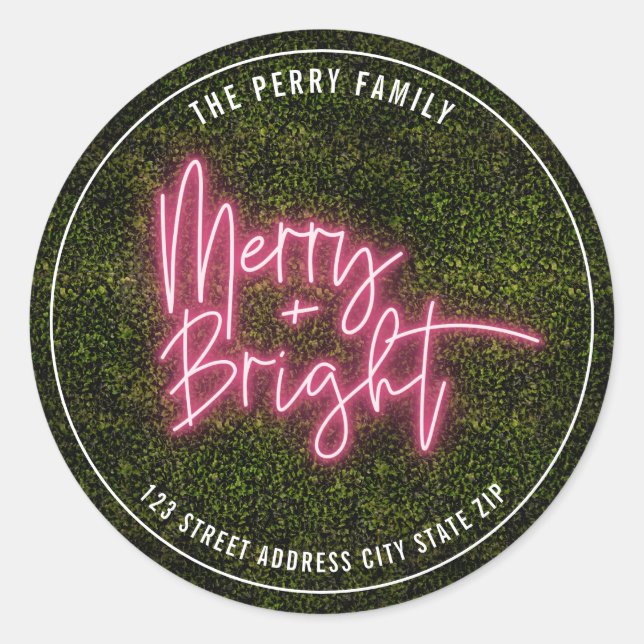 Merry + Bright Neon Sign Boxwood Weihnachtsadresse Runder Aufkleber (Vorderseite)