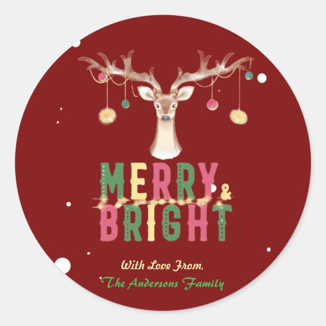 Merry & Bright Niedlich Rentier Weihnachtsschmuck Runder Aufkleber (Vorderseite)