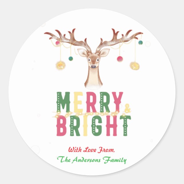Merry & Bright Niedlich Rentier Weihnachtsschmuck Runder Aufkleber (Vorderseite)