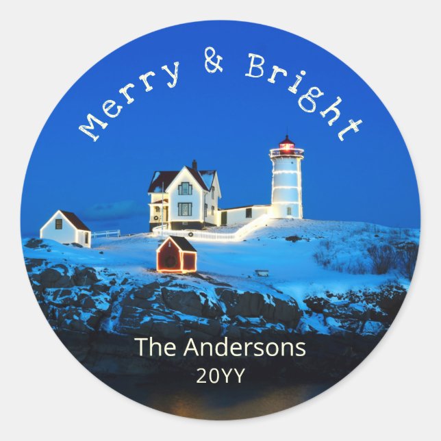 Merry Bright Nubble Christmas Lighthouse Runder Aufkleber (Vorderseite)