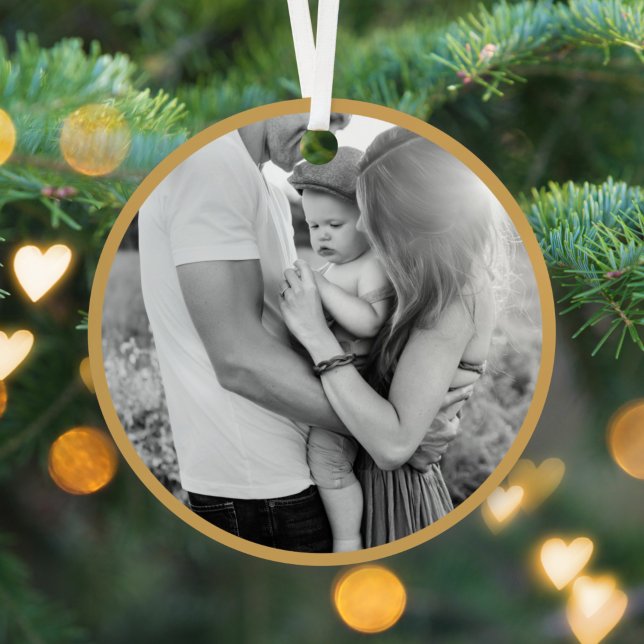Merry + Bright | Ocher Gold Weihnachts-Foto Ornament Aus Metall (Von Creator hochgeladen)
