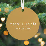 Merry   Bright | Ocher Mustard Gold Christmas Ornament Aus Metall<br><div class="desc">Einfache,  stilvolle und trendige Weihnachtsbaumschmuck mit moderner minimalistischer Typografie in Weiß auf einem reichhaltigen ockergelben Senf-Hintergrund. Der Gruß,  Familienname und das Jahr lassen sich einfach für eine persönliche Touch anpassen. Eine sonderbare,  einzigartige Weihnachtskarte,  um sich von der Masse abzuheben!</div>