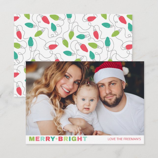 Merry + Bright One Foto Weihnachtskarte Mitteilungskarte (Vorne/Hinten)