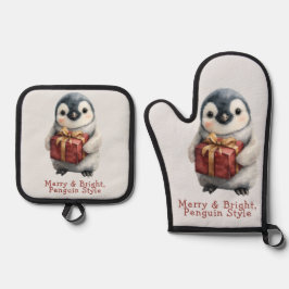 Merry & Bright Penguin Christmas Ofenhandschuh & Topflappen-Set