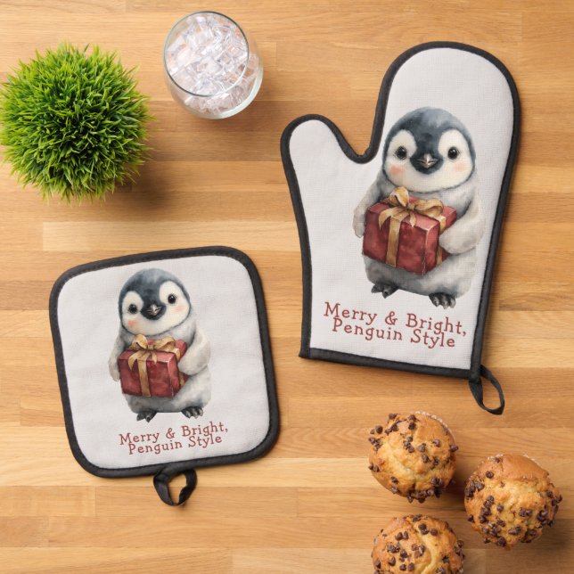 Merry & Bright Penguin Christmas Ofenhandschuh & Topflappen-Set (Oben Unten)