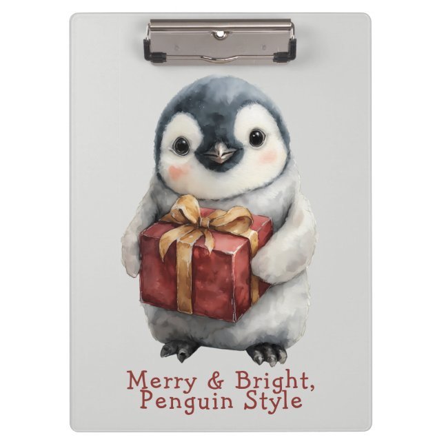 Merry & Bright Penguin Weihnachten Klemmbrett (Vorderseite)