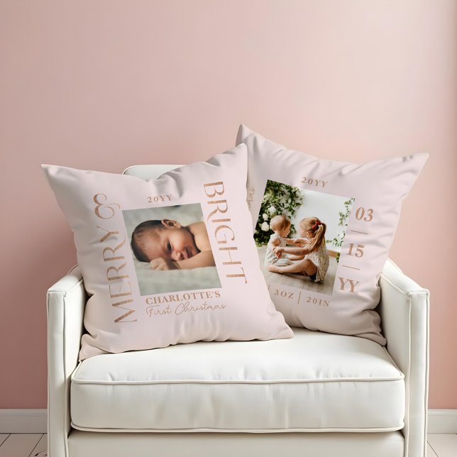 Merry & Bright Pink Baby First Christmas Fotos Kissen (Merry & Bright Pink Baby First Christmas Photos Throw Pillow)