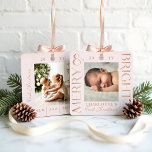 Merry & Bright Pink Baby First Christmas Fotos Ornament Aus Metall<br><div class="desc">Feiern Sie mit dem Merry & Bright Pink Baby First Christmas Zwei-Foto-Ornament aus Moodthology Papery das erste Weihnachtsfest Ihres Babys. Dieses atemberaubende Ornament zeigt den Zauber dieses Meilensteins mit einer Kombination aus stilvollem Design und herzlicher Personalisierung. Auf der Vorderseite steht die fröhliche Botschaft "Merry & Bright" in fett gedruckter, moderner...</div>