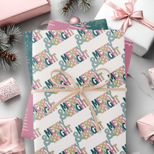 Merry & Bright pink grüne Goldschneeflocken & Bäum Geschenkpapier Set (Von Creator hochgeladen)