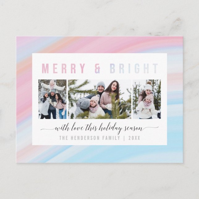 Merry & Bright Pink Pastel Holiday Foto Collage Postkarte (Vorderseite)