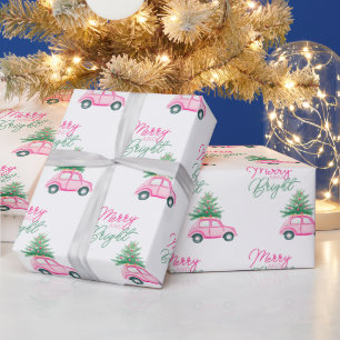 Merry & Bright Pink Weihnachtsbaum Autos Weihnacht Geschenkpapier