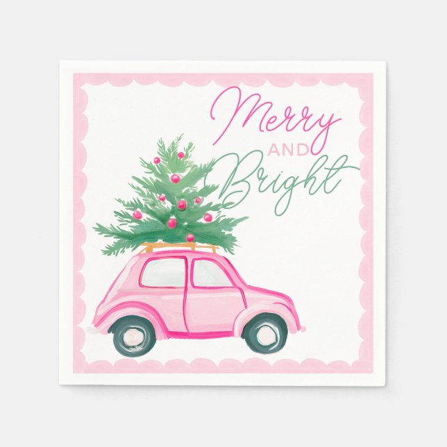 Merry & Bright Pink Weihnachtsbaum Autos Weihnacht Serviette (Vorderseite)