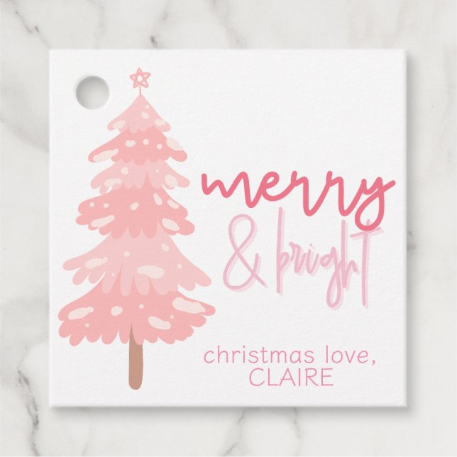 Merry & Bright Pink Weihnachtsbaum Gefälligkeitsta Geschenkanhänger (Vorderseite)