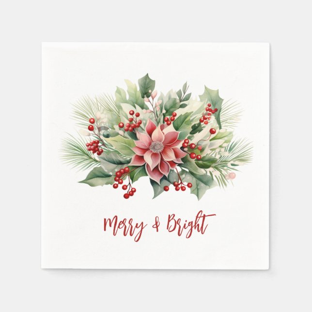 Merry Bright Poinsettia Berries Weihnachtsfest Serviette (Vorderseite)