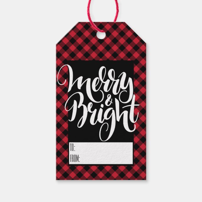 Merry Bright Red Black Buffalo Kariert Tartan Geschenkanhänger (Vorderseite)