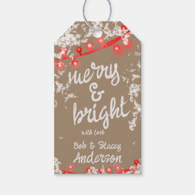 Merry & Bright Red Christmas Tree Lights Kraft Geschenkanhänger (Vorderseite)