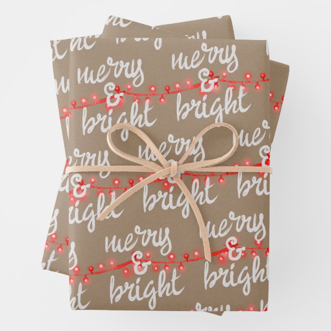 Merry & Bright Red Christmas Tree Lights Kraft Geschenkpapier Set (Beispiel)