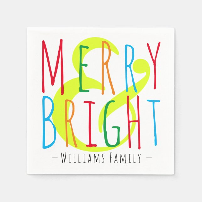 Merry & Bright Red, Green Blue Typografy Holiday Serviette (Vorderseite)