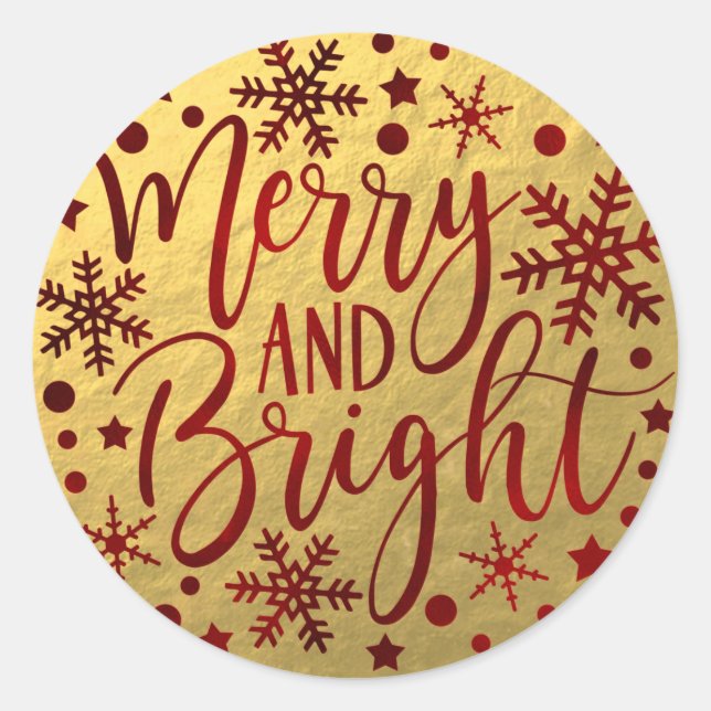 Merry & Bright Red Holiday Snowflakes Weihnachten Runder Aufkleber (Vorderseite)