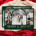 Merry Bright Retro Arch Foto Collage Folien Feiertagskarte<br><div class="desc">Erleben Sie die Weihnachtszeit mit unserer Weihnachtskarte "Merry & Bright". Front and Centre ist eine faszinierende Collage aus fünf Fotos, die mit einem Foto aus eigenem Bogen ausgestattet ist, das Ihre Lieblingsmomente schön anzeigt. Unten wird der festliche Gruß "Merry & Bright" kunstvoll in einem extravaganten Vintagen Schriftart mit dekorativen Elementen...</div>