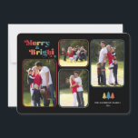 Merry & Bright Retro farbenfroh 4 Foto Weihnachten<br><div class="desc">Die farbenfrohe Weihnachtskarte enthält den Text "Merry & Bright",  der in mehrfarbigem Retrotext auf schwarzem Hintergrund erscheint. Das Design bietet vier Fotorahmen für Ihre Lieblings-Fotos. Fotografie © Storytree Studios,  Stanford,  CA</div>