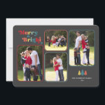 Merry & Bright Retro Farbiges Foto Weihnachten Hol<br><div class="desc">Die farbenfrohe Weihnachtskarte enthält den Text "Merry & Bright",  der in mehrfarbigem Retrotext auf kohlegrauem Hintergrund erscheint. Das Design bietet vier Fotorahmen für Ihre Lieblings-Fotos. Fotografie © Storytree Studios,  Stanford,  CA</div>