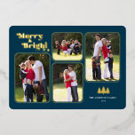 Merry & Bright Retro Foto Blue Christmas Gold Folien Feiertagskarte<br><div class="desc">Diese Retro Weihnachtskarte enthält den Text "Merry & Bright",  der in Retro-Goldfolie auf dunkelblauem Hintergrund erscheint. Das Design bietet Ihnen 4 Fotorahmen für Ihre Lieblingsfotos. Fotografie © Storytree Studios,  Stanford,  CA</div>