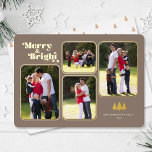 Merry & Bright Retro Foto Weihnachten Gold Folien Feiertagskarte<br><div class="desc">Diese Weihnachtskarte enthält den Text "Merry & Bright",  der in einem lustigen Retro-Schriftart aus Goldfolie auf dunklem Hintergrund erscheint. Das Design bietet Ihnen 4 Fotorahmen für Ihre Lieblingsfotos. Fotografie © Storytree Studios,  Stanford,  CA</div>