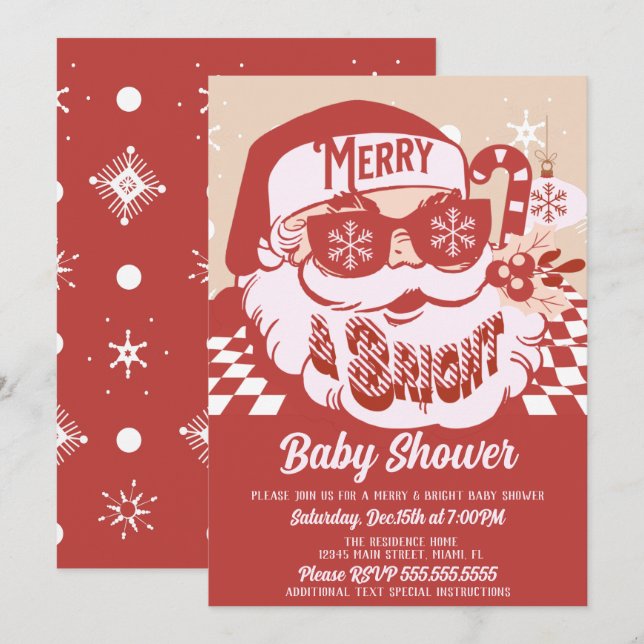 Merry Bright Retro Santa Christmas Baby Dusche Red Einladung (Vorne/Hinten)