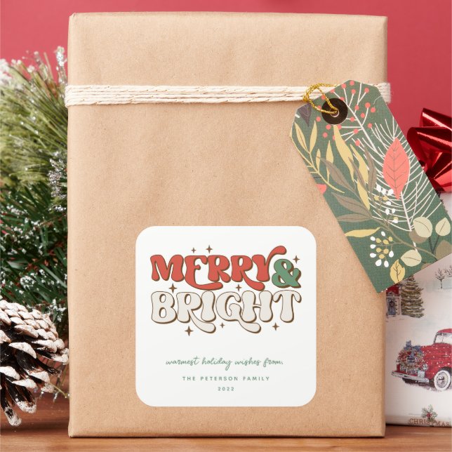 Merry & Bright Retro Weihnachten Quadratischer Aufkleber (Feiertag)