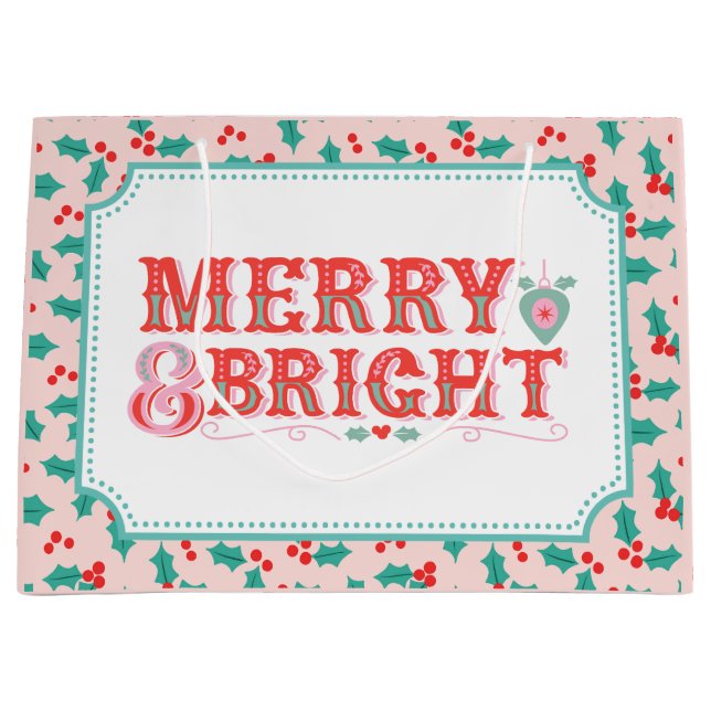 Merry & Bright | Rosa und Rot Holly Große Geschenktüte (Vorderseite)