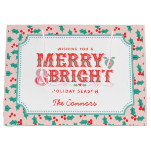Merry & Bright Rosa und Rot Holly Personalisie Große Geschenktüte