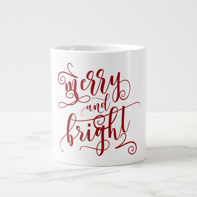 Merry & Bright | Roter Text | Weihnachten Jumbo-Tasse (Vorderseite)