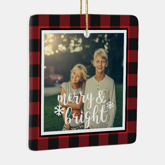 Merry & Bright Rustic Buffalo Kariertes Foto Ornam Keramikornament (Rechts)