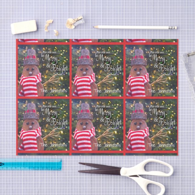 Merry Bright Rustic Snowman Name Red Pattern Niedl Seidenpapier (Handwerk)