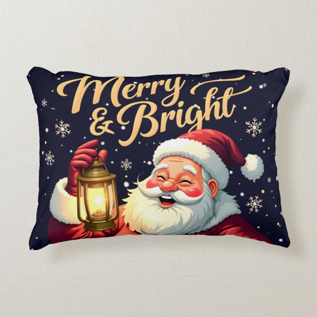 Merry Bright Santa Holding Lantern Illustration Dekokissen (Vorderseite)