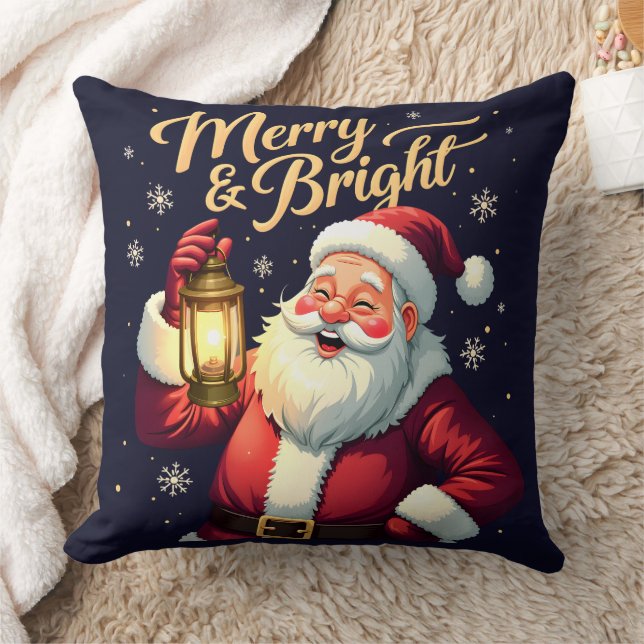 Merry Bright Santa Holding Lantern Illustration Kissen (Decke)