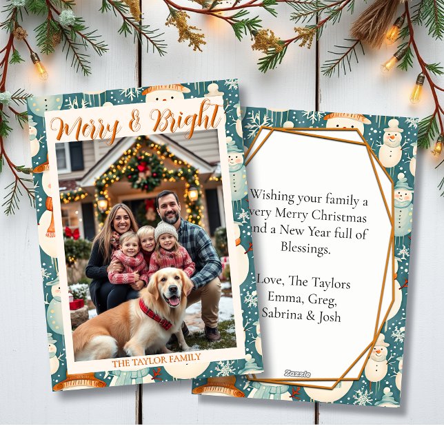 Merry & Bright | Snowman & Family Foto Weihnachten (Von Creator hochgeladen)