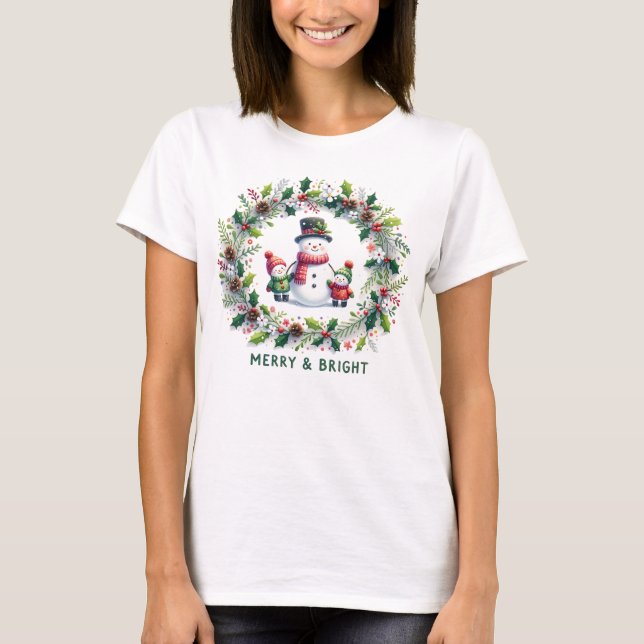 "Merry & Bright" Snowmanand Kids T - Shirt (Vorderseite)