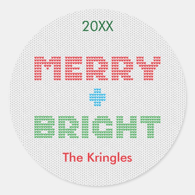 Merry & Bright Typografy Weihnachten Runder Aufkleber (Vorderseite)