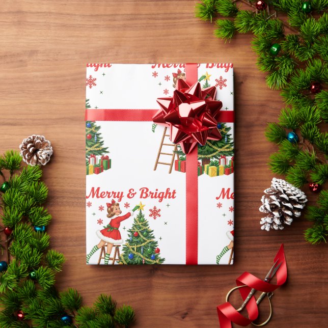 Merry & Bright Vintage Retro Christmas Gift  Geschenkpapier (Feiertagsgeschenk)